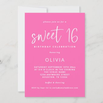 Modern Script Hot Pink Sweet 16 Birthday Party Invitation | Zazzle