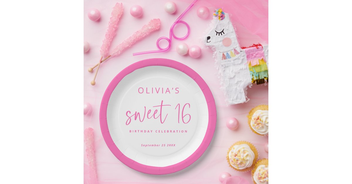 Modern Script Hot Pink Sweet 16 Birthday Party Paper Plates | Zazzle