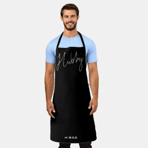 Modern Script Hubby Date White Black Apron