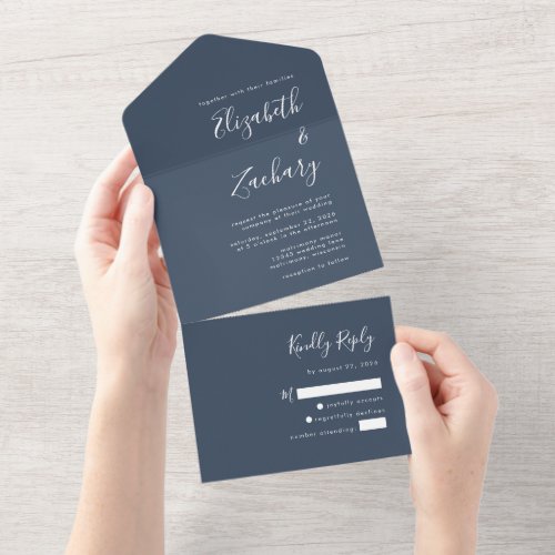 Modern Script Indigo Blue Wedding All In One Invitation