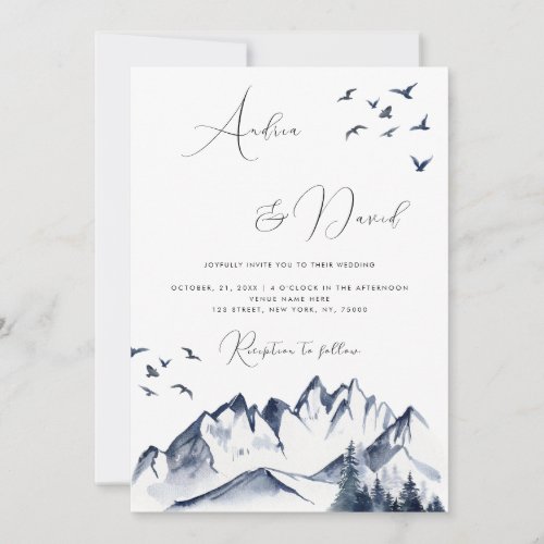 Modern Script Indigo Watercolor Mountains Wedding Invitation
