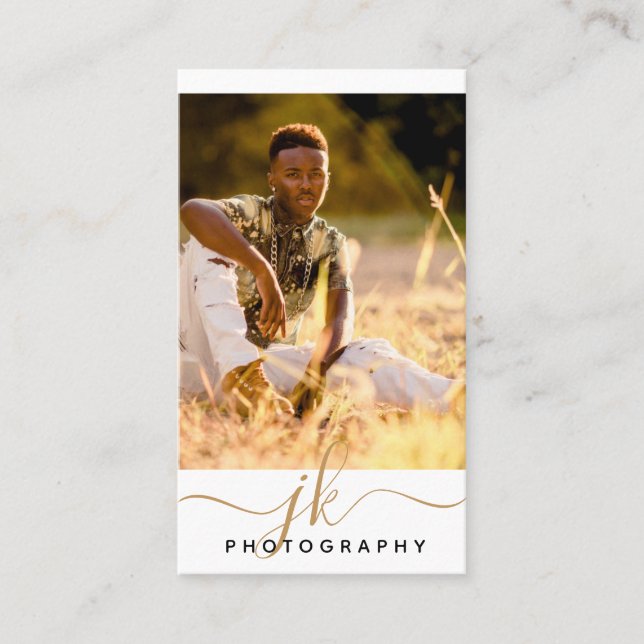 Modern Script Initials Monogram Photographer Business Card (Front)