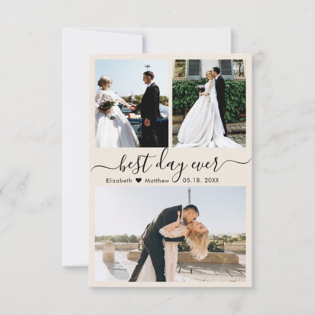 Modern Script Ivory 3 Photo Collage Wedding Thank You Card (Front)