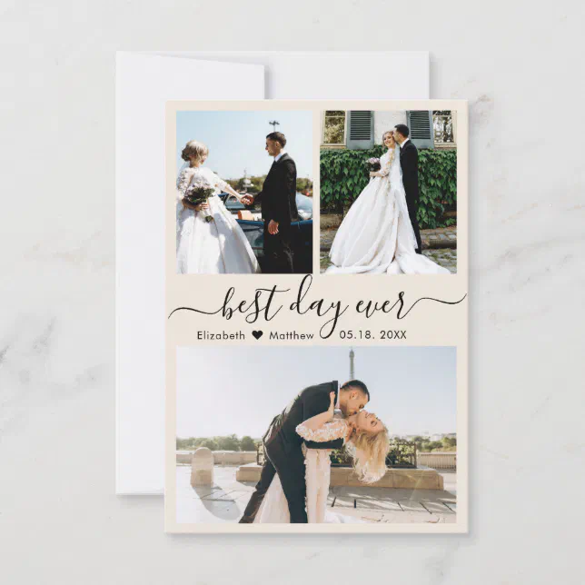 Modern Script Ivory 3 Photo Collage Wedding Thank You Card | Zazzle