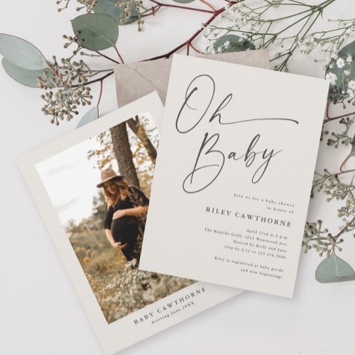 Modern Script Ivory Photo  Baby Shower Invitation