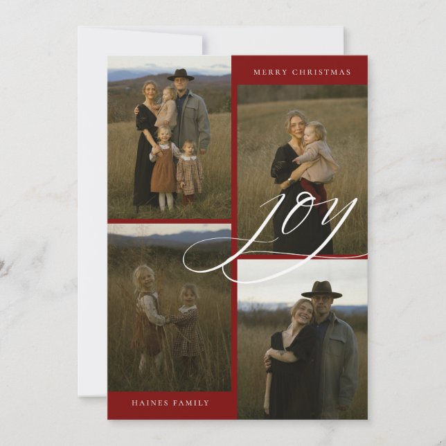 Modern Script Joy 4 Photo Christmas Holiday Card (Front)