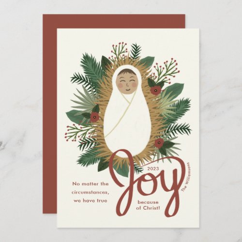 Modern Script Joy Baby Jesus Nativity Christmas Holiday Card