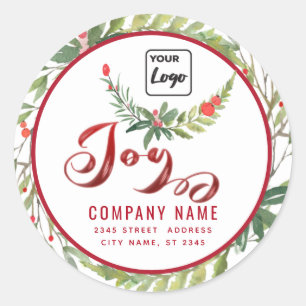 Modern script Joy red holly logo  Classic Round Sticker