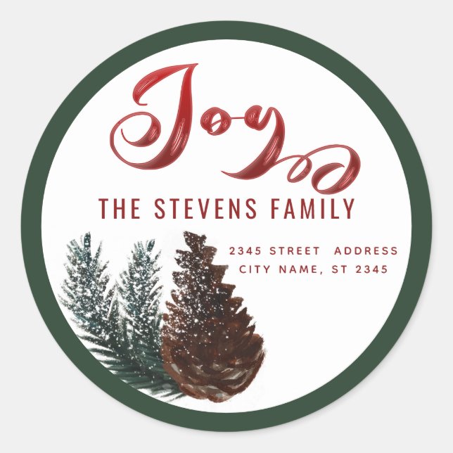 Modern script joy snow pine cone branch  classic r round sticker (Front)