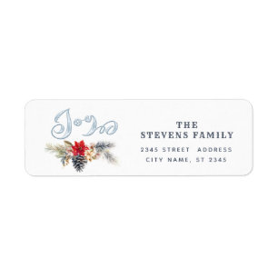 Modern script joy snow pine cone branch label