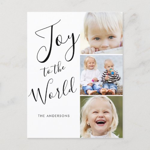 Modern Script Joy to The World 3 Photo Collage Holiday Postcard