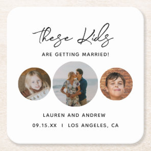 Modern Script Kids Photo Wedding Save The Date Square Paper Coaster