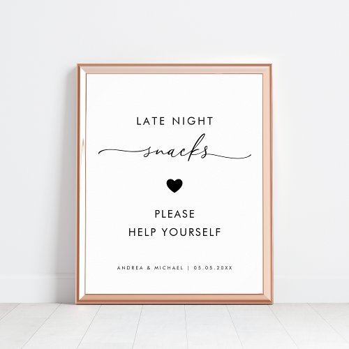 Modern Script Late Night Snacks Heart Wedding Sign