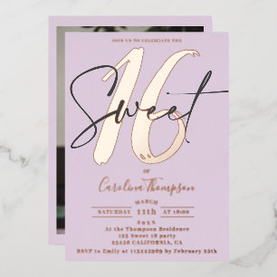 Modern script lavender photo Sweet 16 rose gold Foil Invitation