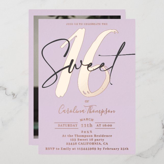 Modern script lavender photo Sweet 16 rose gold Foil Invitation (Front/Back)