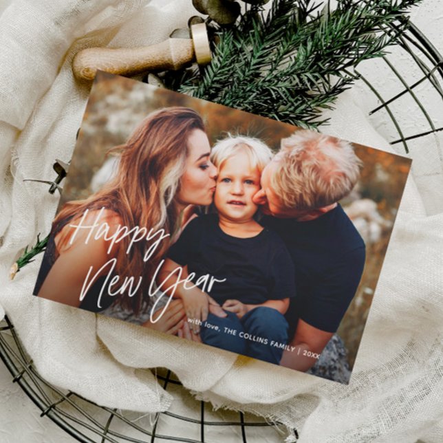 Modern Script Lettering 2 Photo New Years Holiday Card (Simple Script 2 Photo New Years Holiday Cards.)