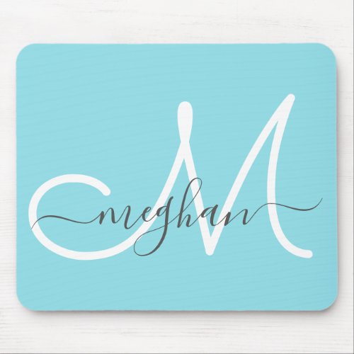 Modern Script Light Blue Handwritten Monogram Mouse Pad