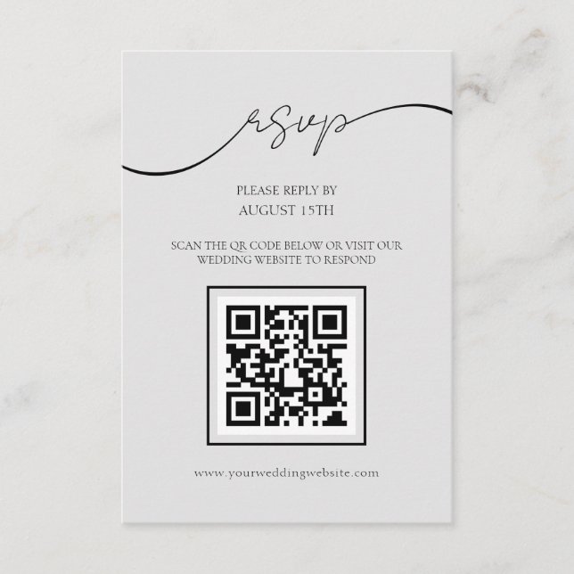 Modern Script Light Grey QR Code Wedding RSVP Card (Front)