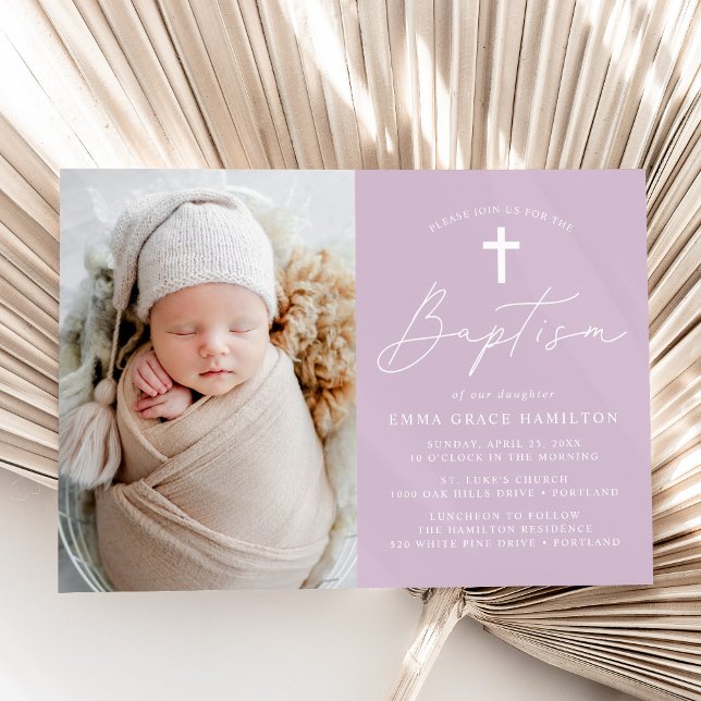 Modern Script Light Purple Photo Baptism Invitation (Creator Uploaded)