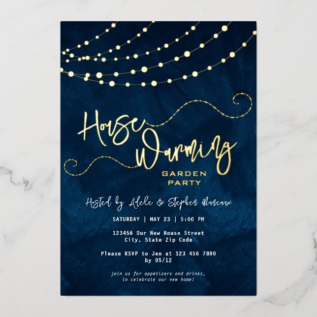 Modern Script Light String Housewarming Party Gold Foil Invitation (Front)