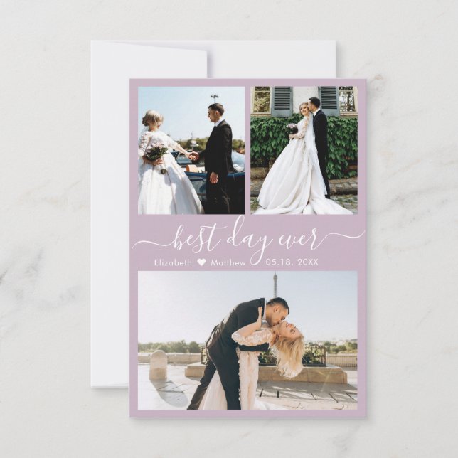 Modern Script Lilac 3 Photo Collage Wedding Thank You Card (Front)