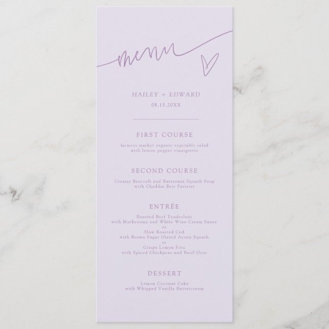 Modern Script Lilac Wedding Menu (Front)