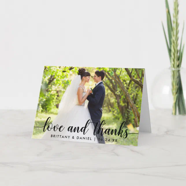 Modern Script Love and Thanks Couple Wedding Fold Thank You Card | Zazzle