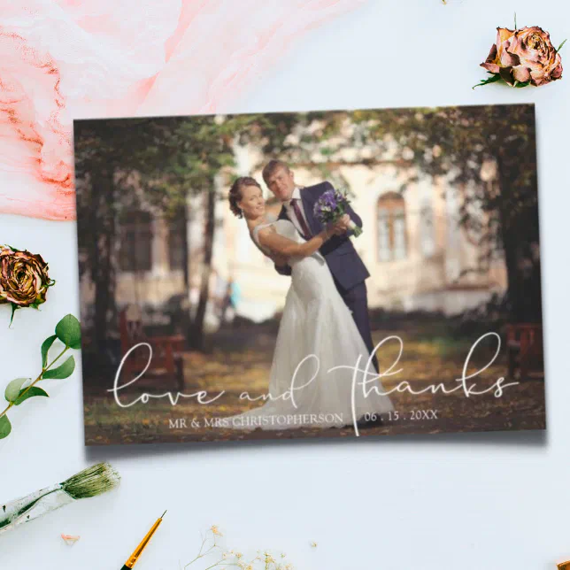Modern Script LOVE AND THANKS Photo Wedding Thank You Card | Zazzle
