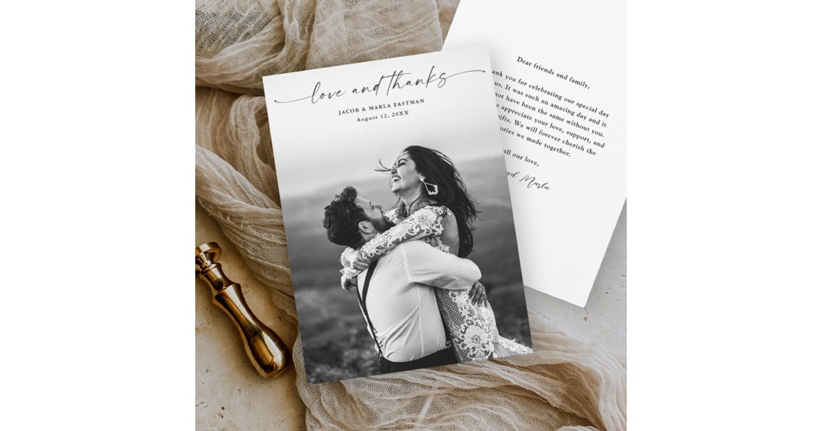 Modern Script Love and Thanks Photo Wedding Thank You Card | Zazzle