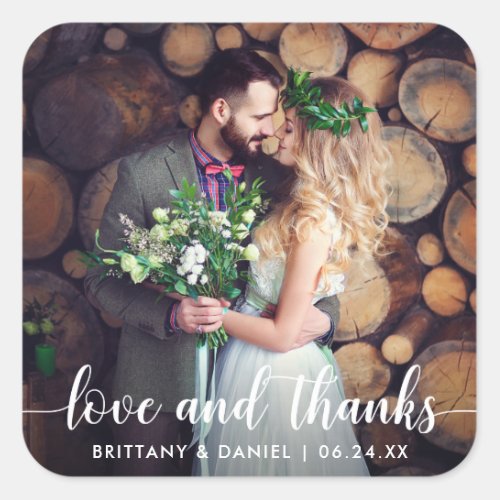 Modern Script Love and Thanks Wedding Couple Square Sticker