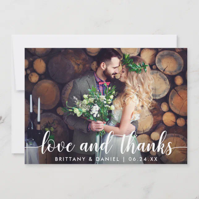 Modern Script Love and Thanks Wedding Couple Thank You Card | Zazzle