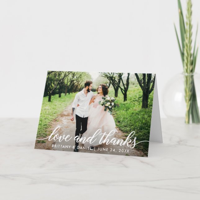 Modern Script Love and Thanks Wedding Fold Letterpress Thank You Card (Front)