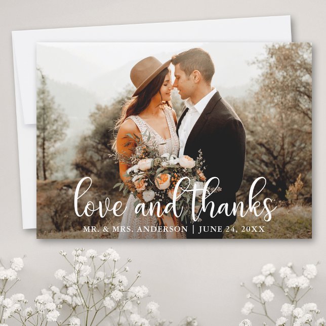 Modern Script Love and Thanks Wedding Photo Thank You Card (Customize to add text or more photos to back of card.)