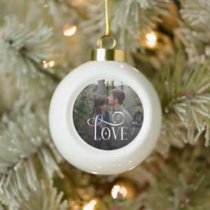 Modern Script Love Custom Engaged Couples Photo Ceramic Ball Christmas Ornament