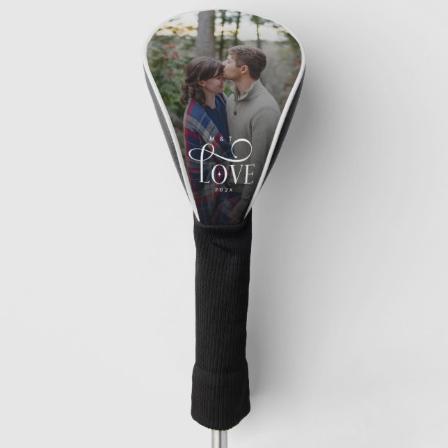 Modern Script Love Custom Engaged Couples Photo Golf Head Cover (Front)