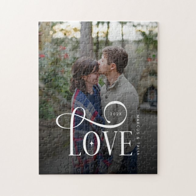 Modern Script Love Custom Engaged Couples Photo Jigsaw Puzzle (Vertical)