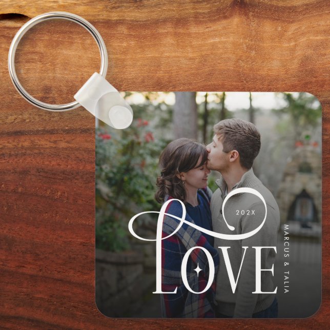 Modern Script Love Custom Engaged Couples Photo Keychain (Front)