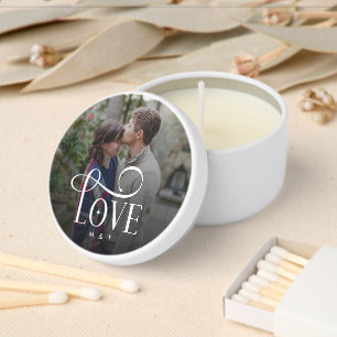 Modern Script Love Custom Engaged Couples Photo Mini Candle Favors