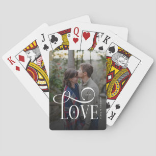 Modern Script Love Custom Engaged Couples Photo Poker Cards