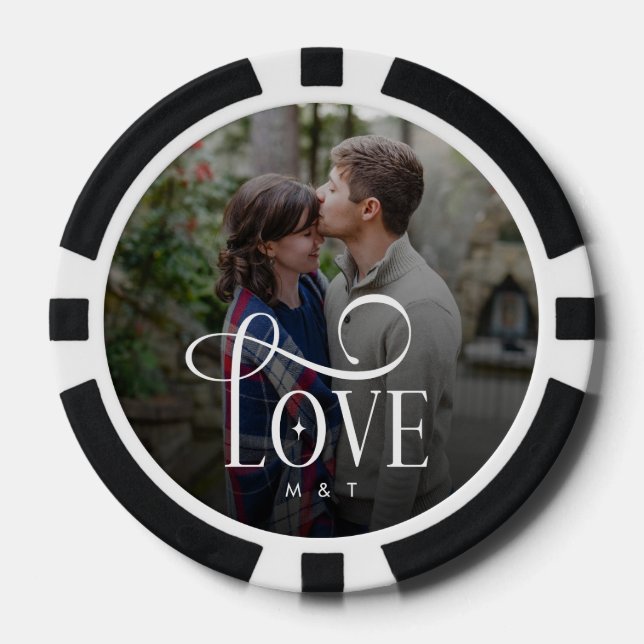 Modern Script Love Custom Engaged Couples Photo Poker Chips (Front)