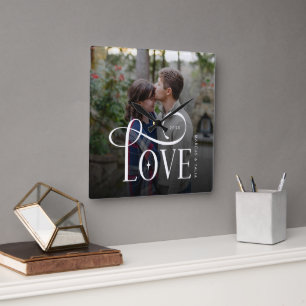 Modern Script Love Custom Engaged Couples Photo Square Wall Clock