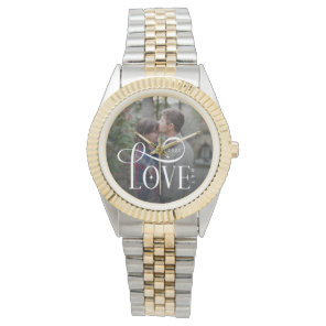 Modern Script Love Custom Engaged Couples Photo Watch