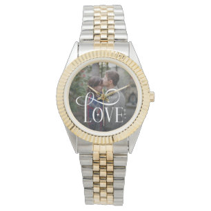 Modern Script Love Custom Engaged Couples Photo Watch