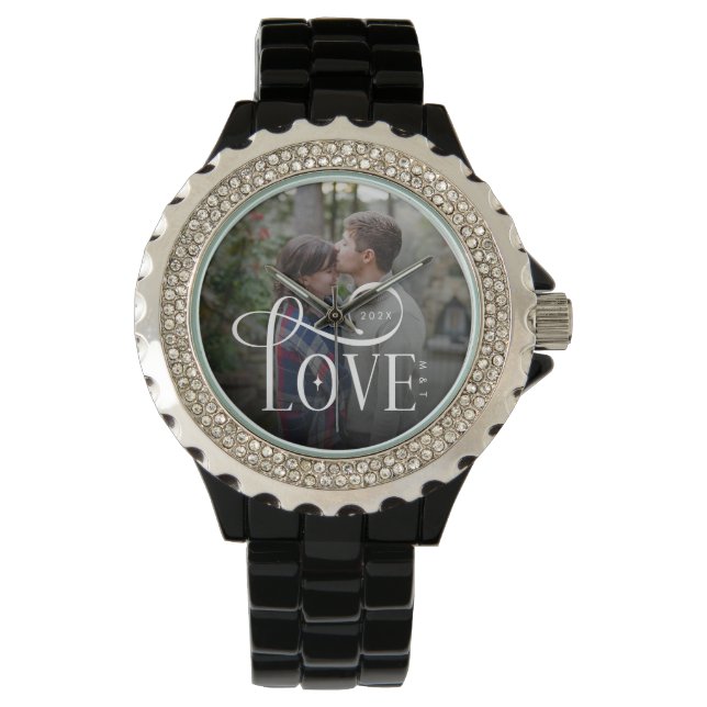 Modern Script Love Custom Engaged Couples Photo Watch (Front)