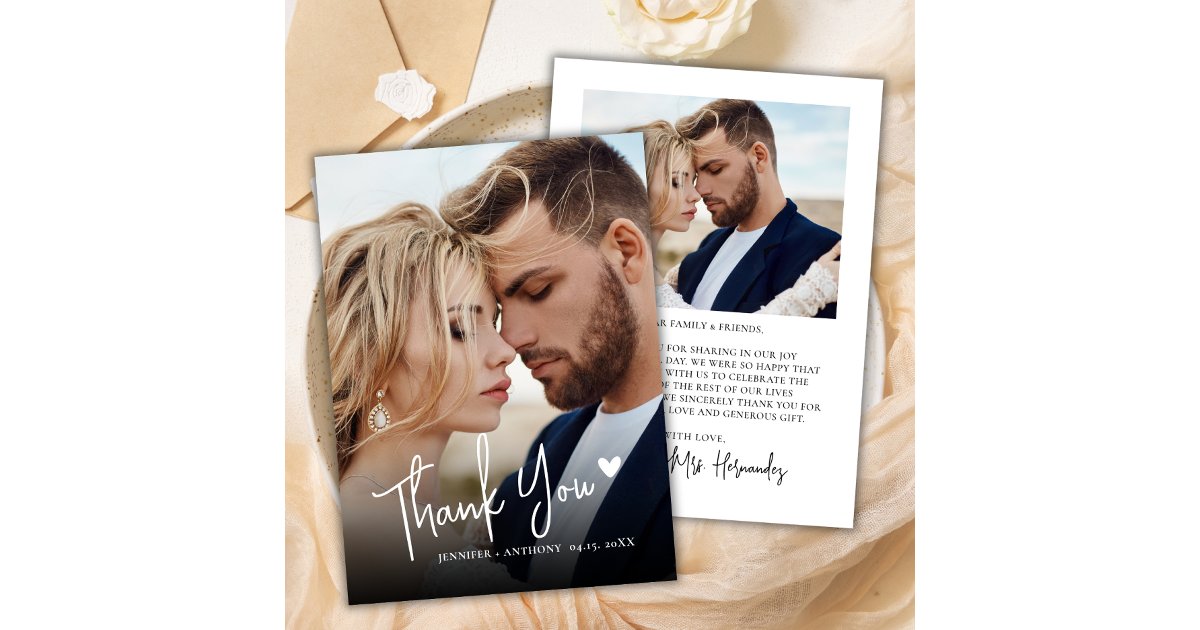 Modern Script Love Heart 2 Photo Wedding Thank You Card | Zazzle