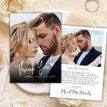 Modern Script Love Heart 2 Photo Wedding Thank You Note Card<br><div class="desc">Elegant and modern 2-photo wedding thank you note card featuring a full-bleed vertical photo on the front with a white handwritten “Thank You” in calligraphy script and a cute love heart motif. The back includes space for a second photo and a pre-written message. Fully customizable—add your names and note, or...</div>