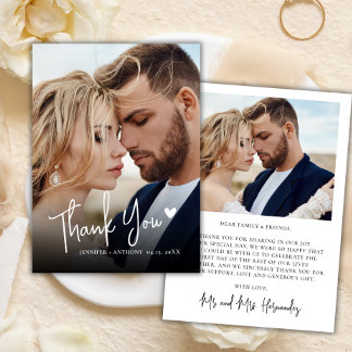 Modern Script Love Heart 2 Photo Wedding Thank You Note Card