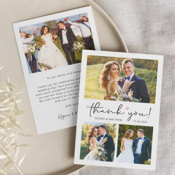 Modern Script Love Heart Wedding Photo Collage Thank You Card by CardHunter at Zazzle