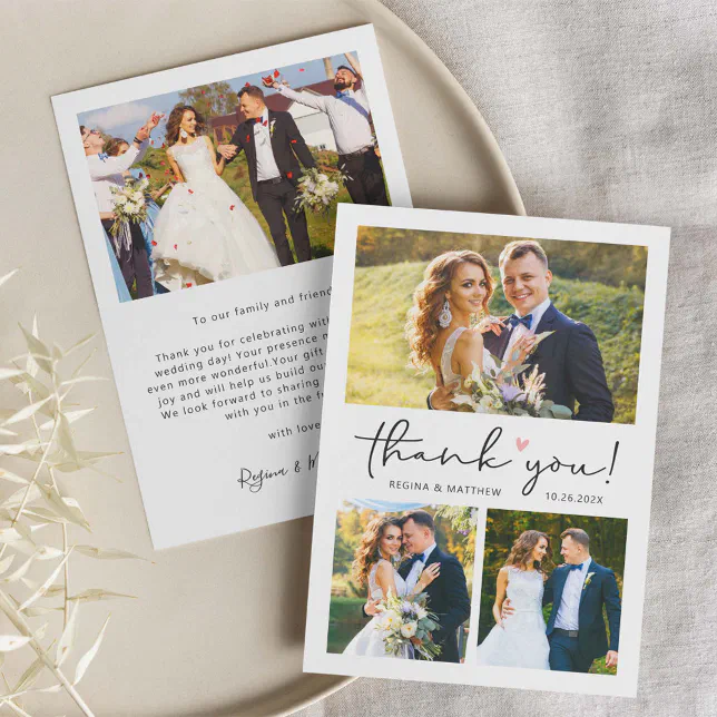 Modern Script Love Heart Wedding Photo Collage Thank You Card | Zazzle