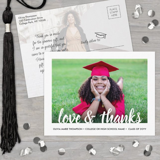 Modern Script Love & Thanks 2 Photo Graduation Postcard (Creator Uploaded)
